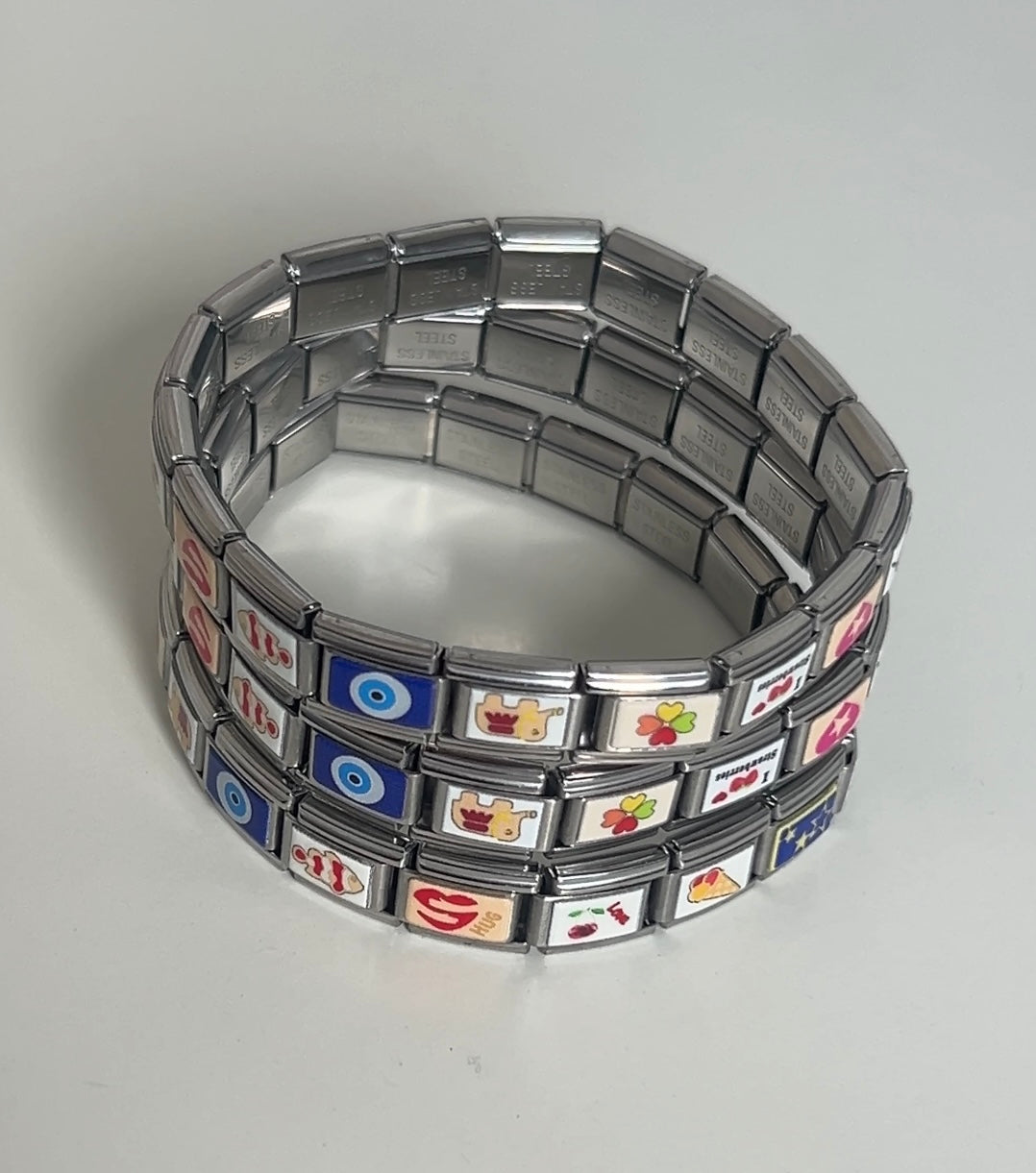 OG Italian Charm Couple Stainless Steel Bracelets with 18 + 18 Charms (Set of 2 Bracelets)