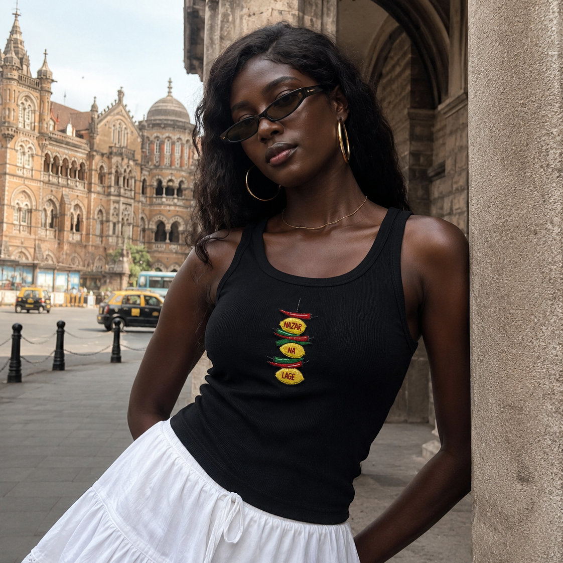 ‘Nazar na lage’ Premium Cotton Beaded Tank Top | Round Neck | Soft Stretch Comfortable Fit