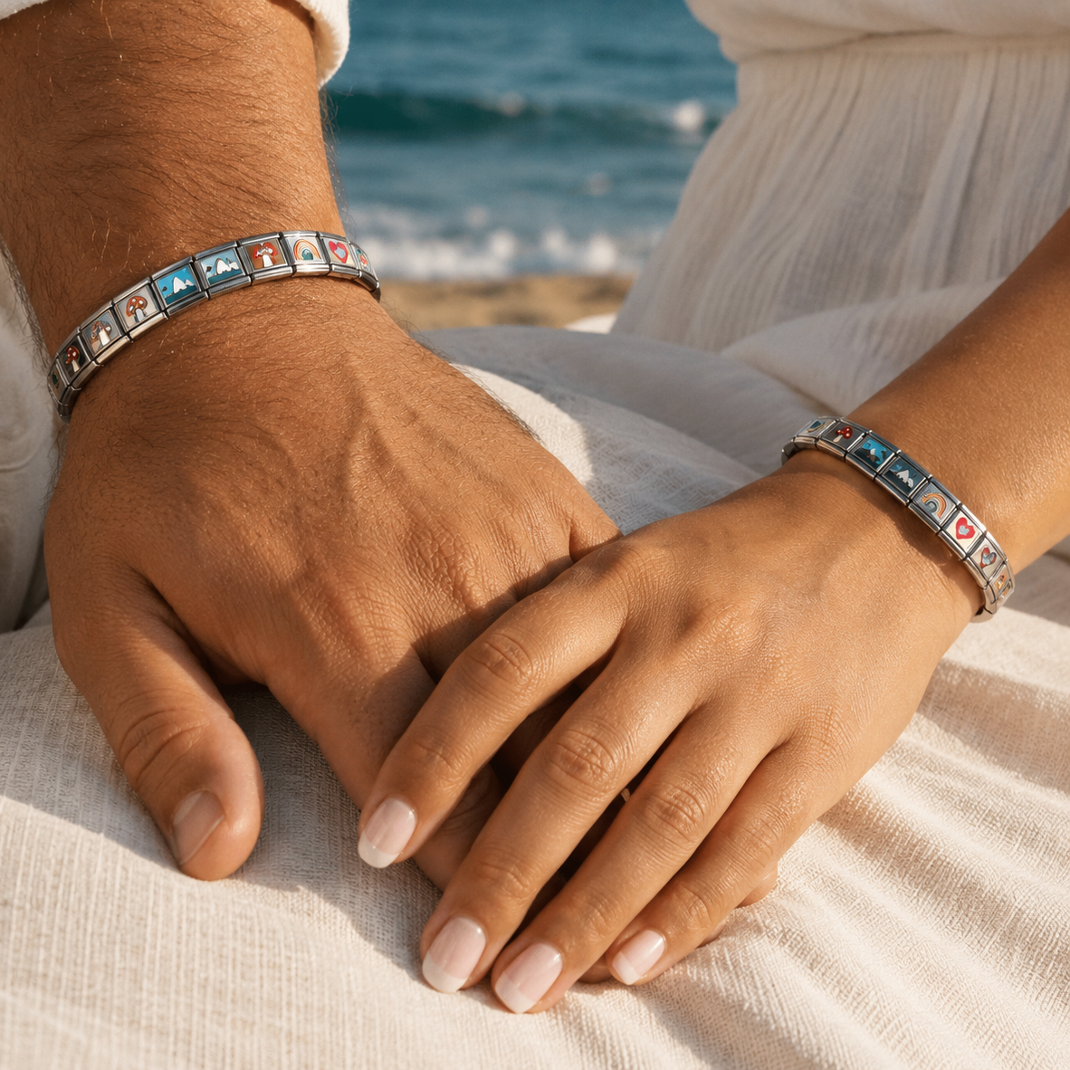 OG Italian Charm Couple Stainless Steel Bracelets with 18 + 18 Charms (Set of 2 Bracelets)