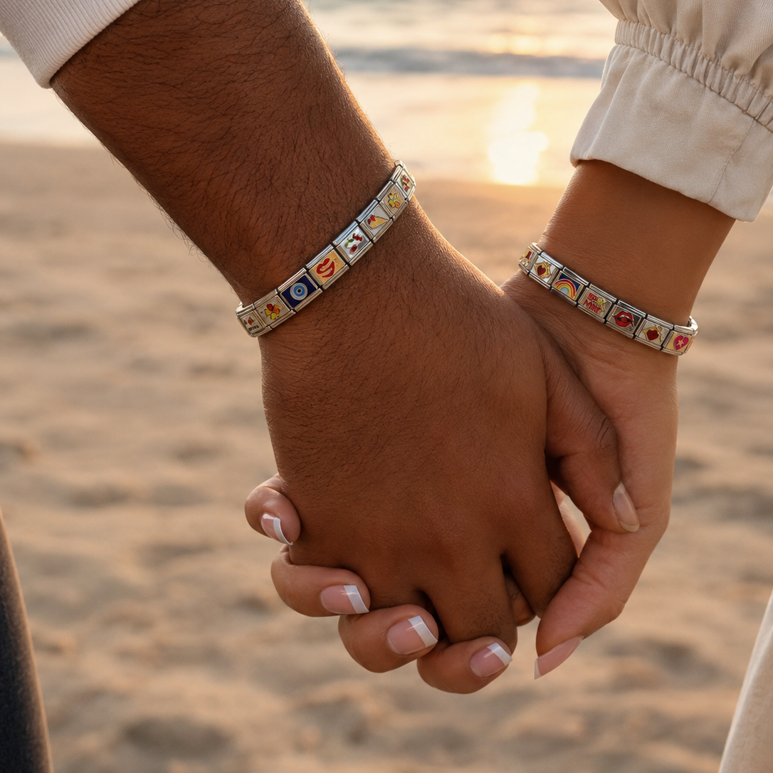 OG Italian Charm Couple Stainless Steel Bracelets with 18 + 18 Charms (Set of 2 Bracelets)