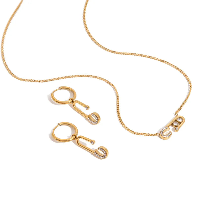 Safety pin necklace and earring set