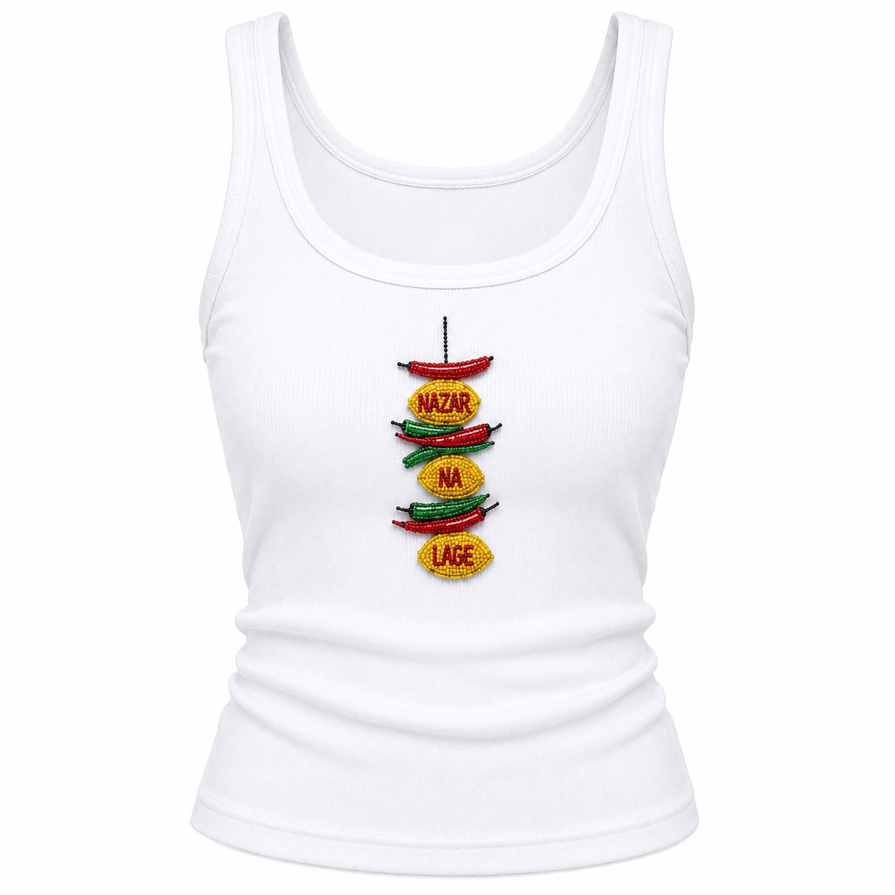 ‘Nazar na lage’ Premium Cotton Beaded Tank Top | Round Neck | Soft Stretch Comfortable Fit