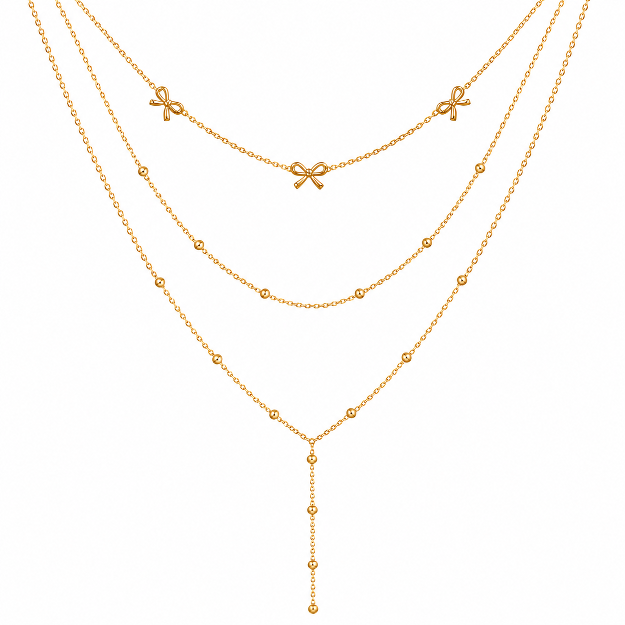 Three gold necklaces with bow pendants on a white background