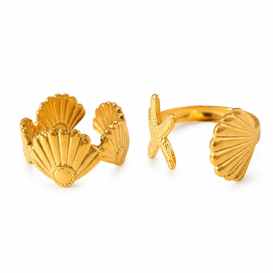 gold shell ring, starfish ring, beach jewelry, ocean inspired ring, adjustable gold ring, shell statement ring, women’s fashion ring, coastal jewelry, trendy gold ring, vacation jewelry, summer accessories, boho ring, stainless steel ring, sea life jewelry, luxury adjustable ring