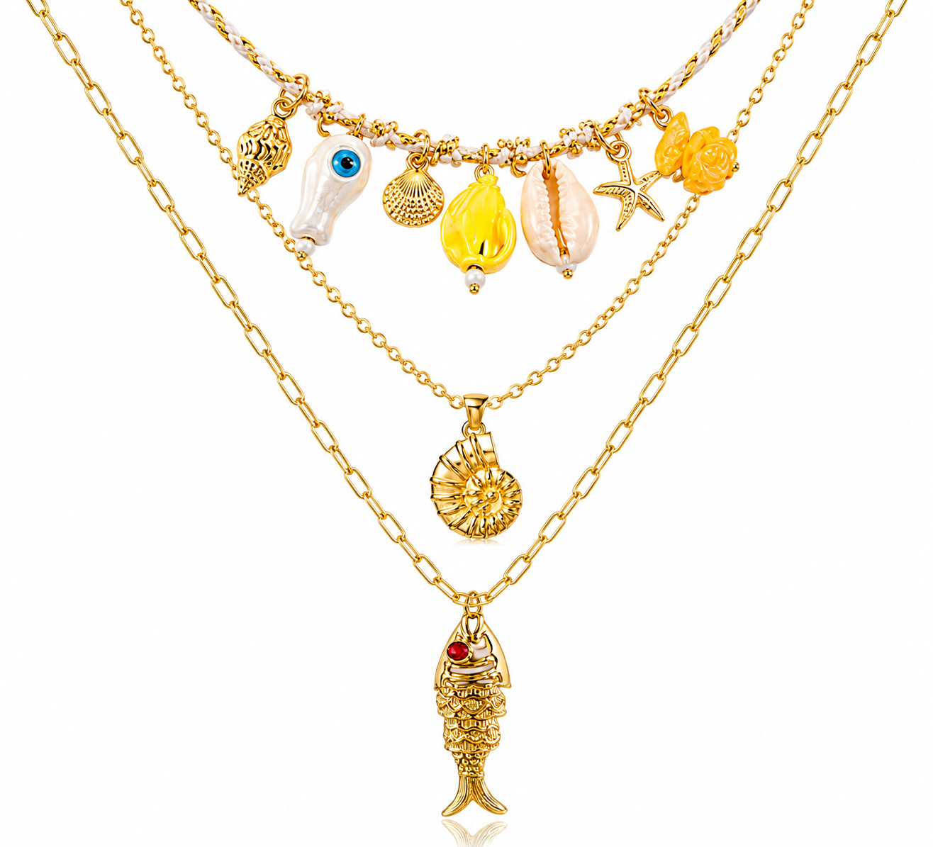 Gold necklaces with various charms on a white background